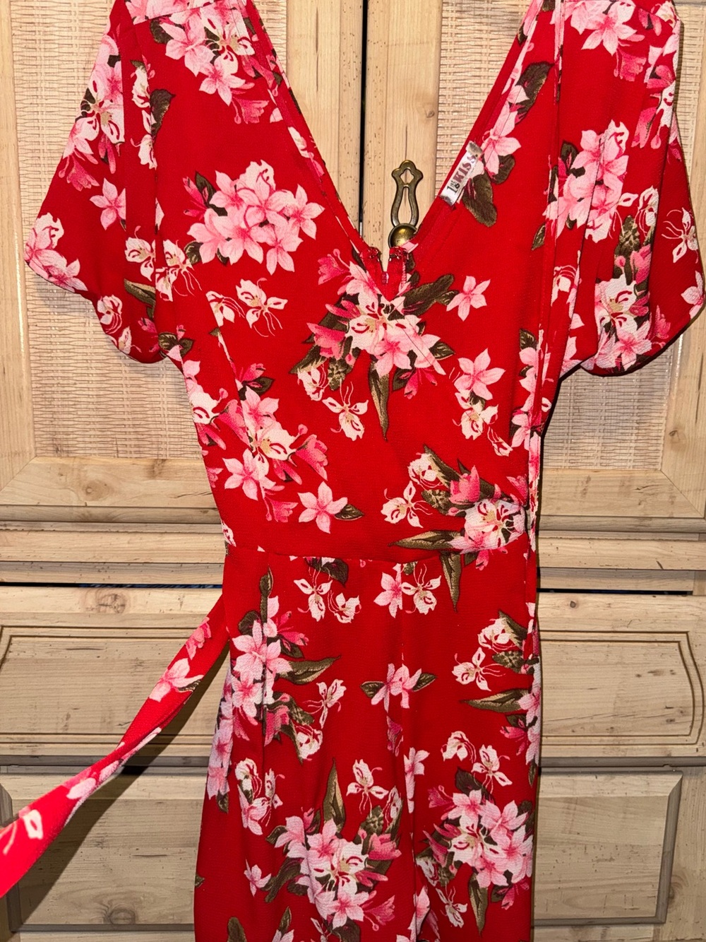 Kiss Red Floral Wrap Dress with Pink Blossoms and Green Leaves